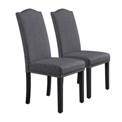 A pair of gray dining chairs with black legs.