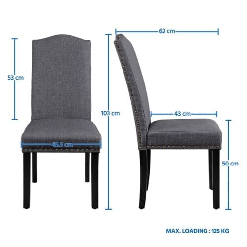 A pair of gray dining chairs with measurements.