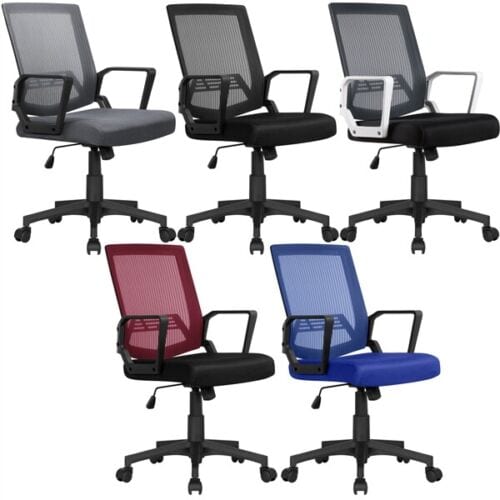 Four different office chairs in different colors.