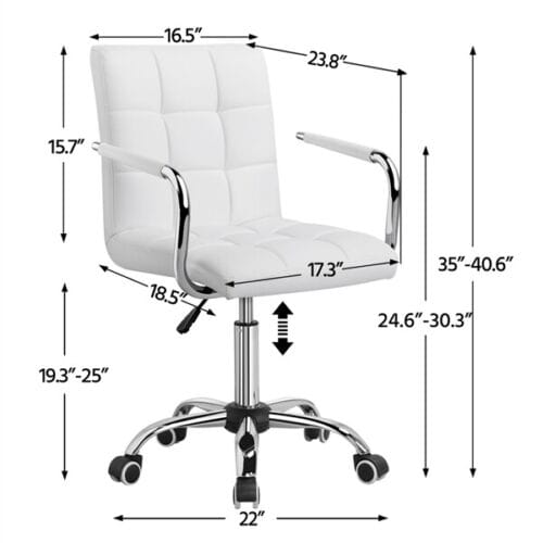 A white office chair with measurements.