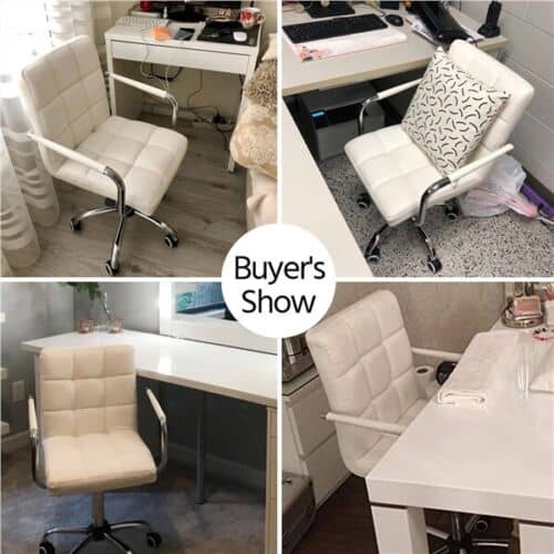 Four pictures of a white office chair and a desk.