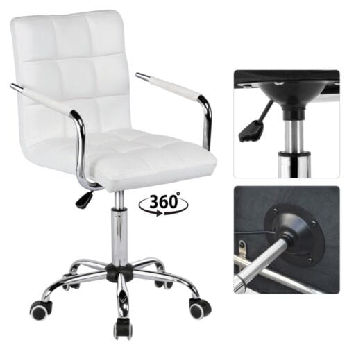 A white office chair with a chrome base and wheels.