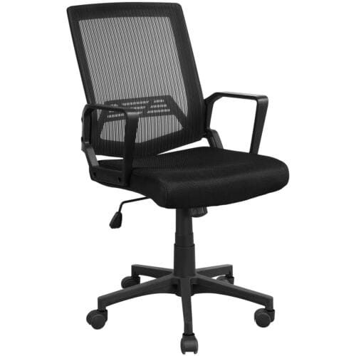 A black mesh office chair on a white background.