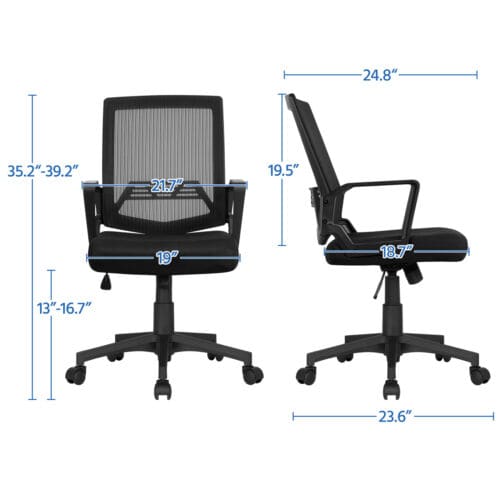 A pair of office chairs with measurements.