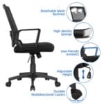 The features of a black office chair.