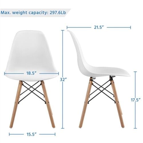 Two white eames chairs with wooden legs.