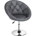 A grey leather swivel chair on a chrome base.