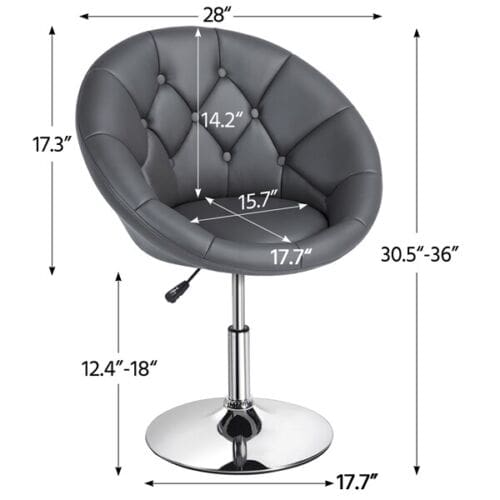 The measurements of a grey bar stool with a chrome base.