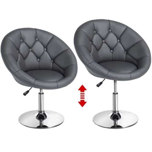 Two grey swivel stools with a chrome base.