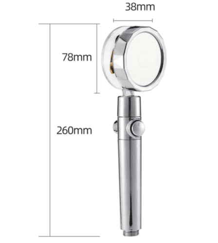 An image of a shower head with measurements.