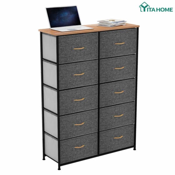 A fabric-covered drawer organizer with a wooden top and eight pull-out compartments.