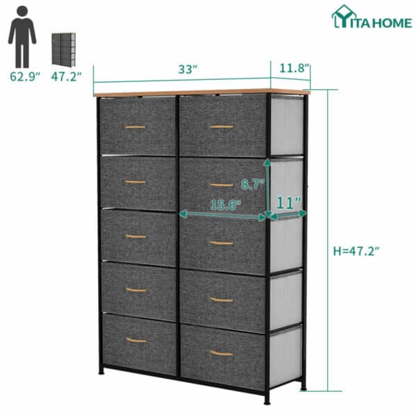 A graphic showing the dimensions of a gray fabric dresser with wooden top and frame.