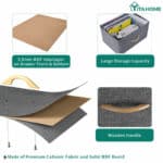 Collage showcasing features of a storage box: large capacity, mdf interlayer, cationic fabric, and wooden handle.