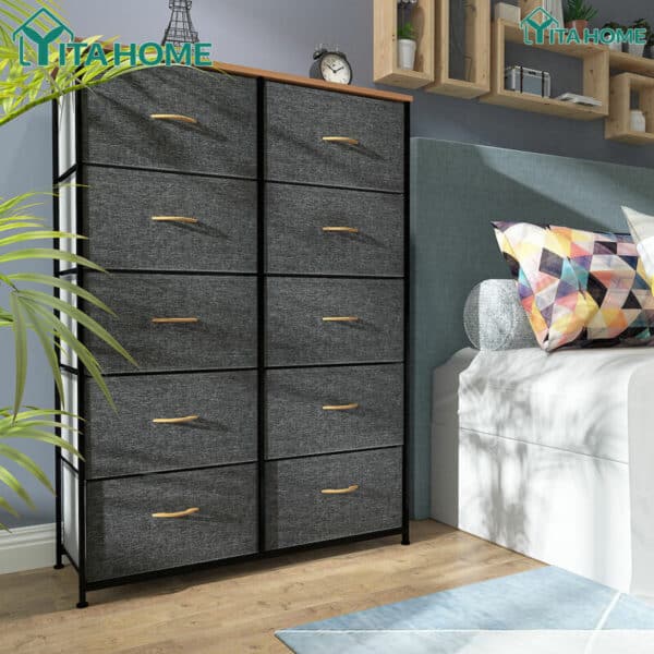 A modern fabric dresser with eight drawers situated in a cozy bedroom.