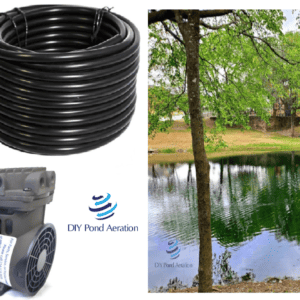 A picture of a pond with a water pump and a hose.