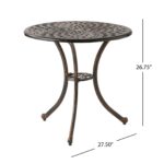 A round outdoor table with a metal frame.