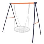 A swing set with a blue and orange frame.