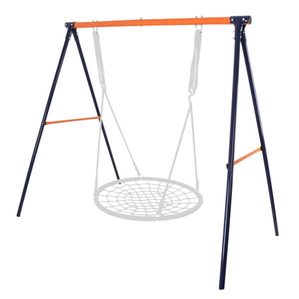 A swing set with a blue and orange frame.