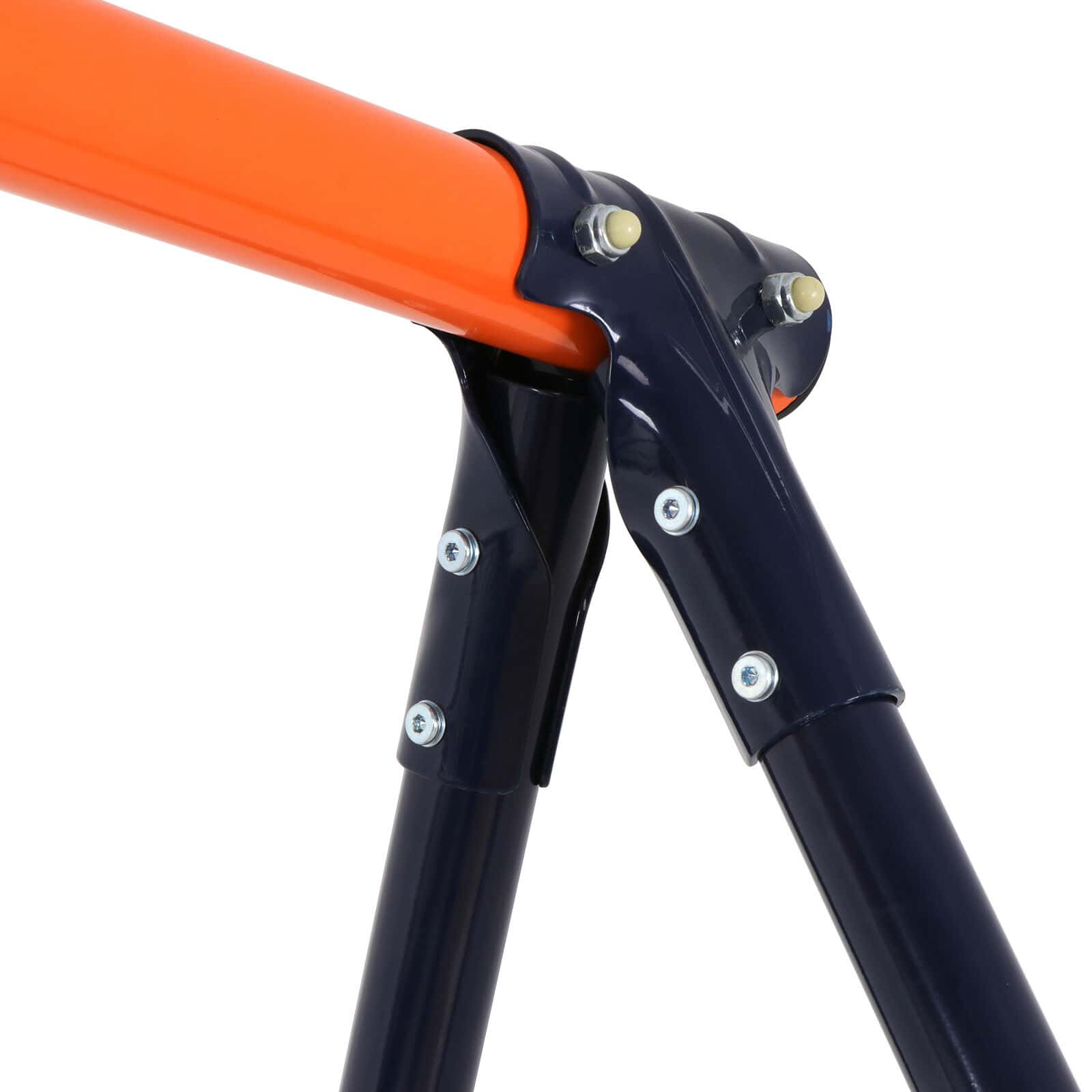 A close up of an orange and blue swing frame.