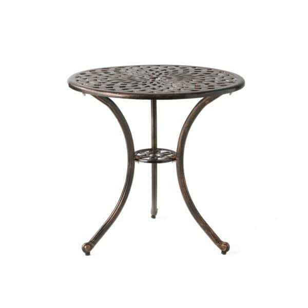 A round outdoor table with a metal base.