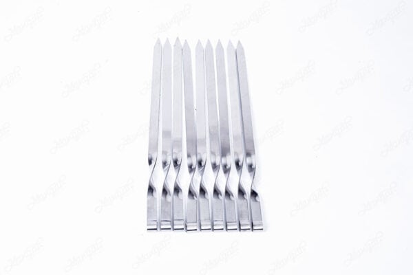 A set of stainless steel forks on a white background.