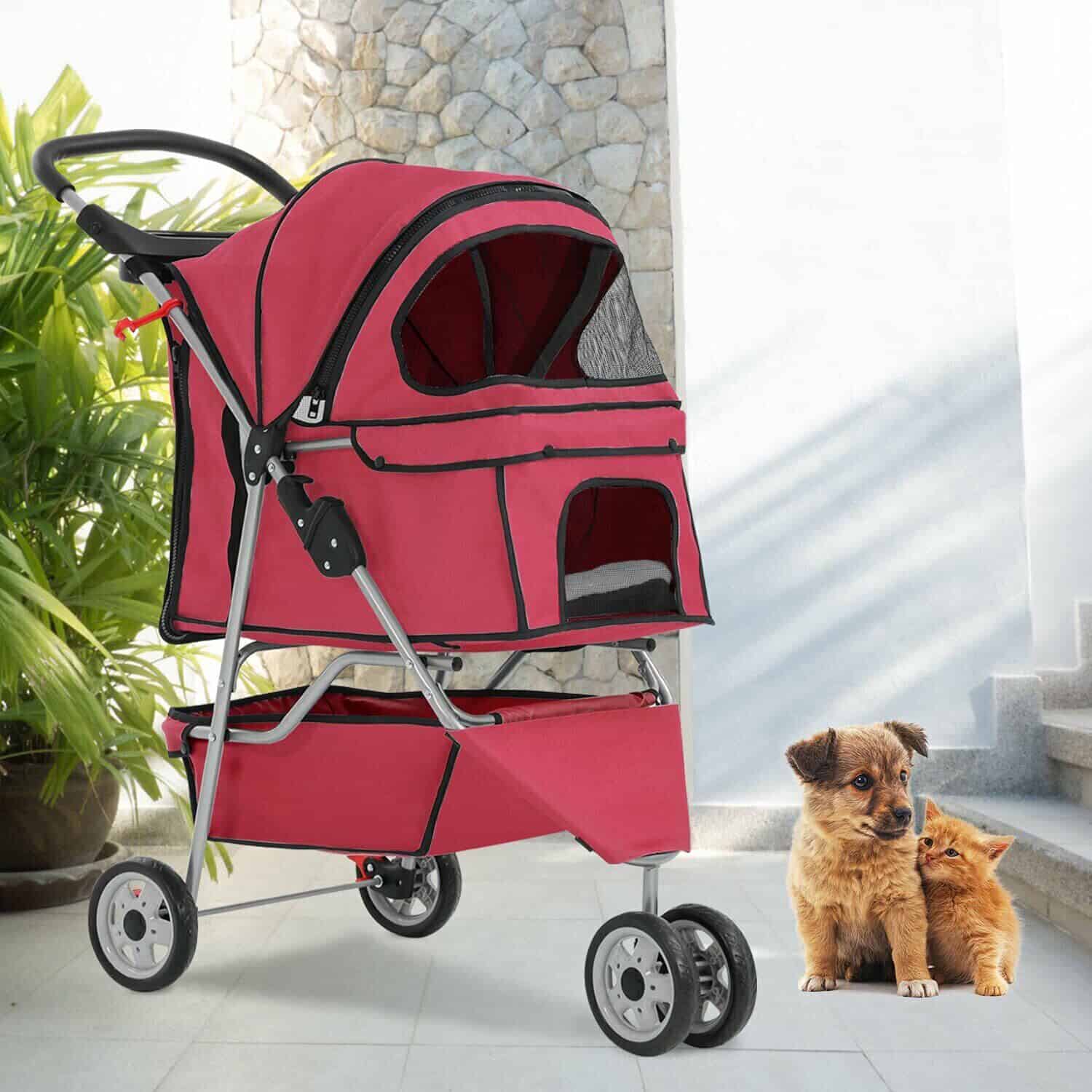 A red pet stroller with a cat in it.