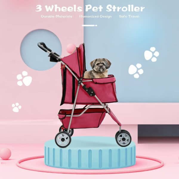 A pink stroller with a dog in it.