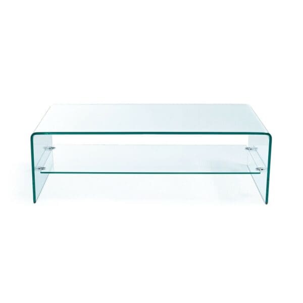A glass coffee table on a white background.