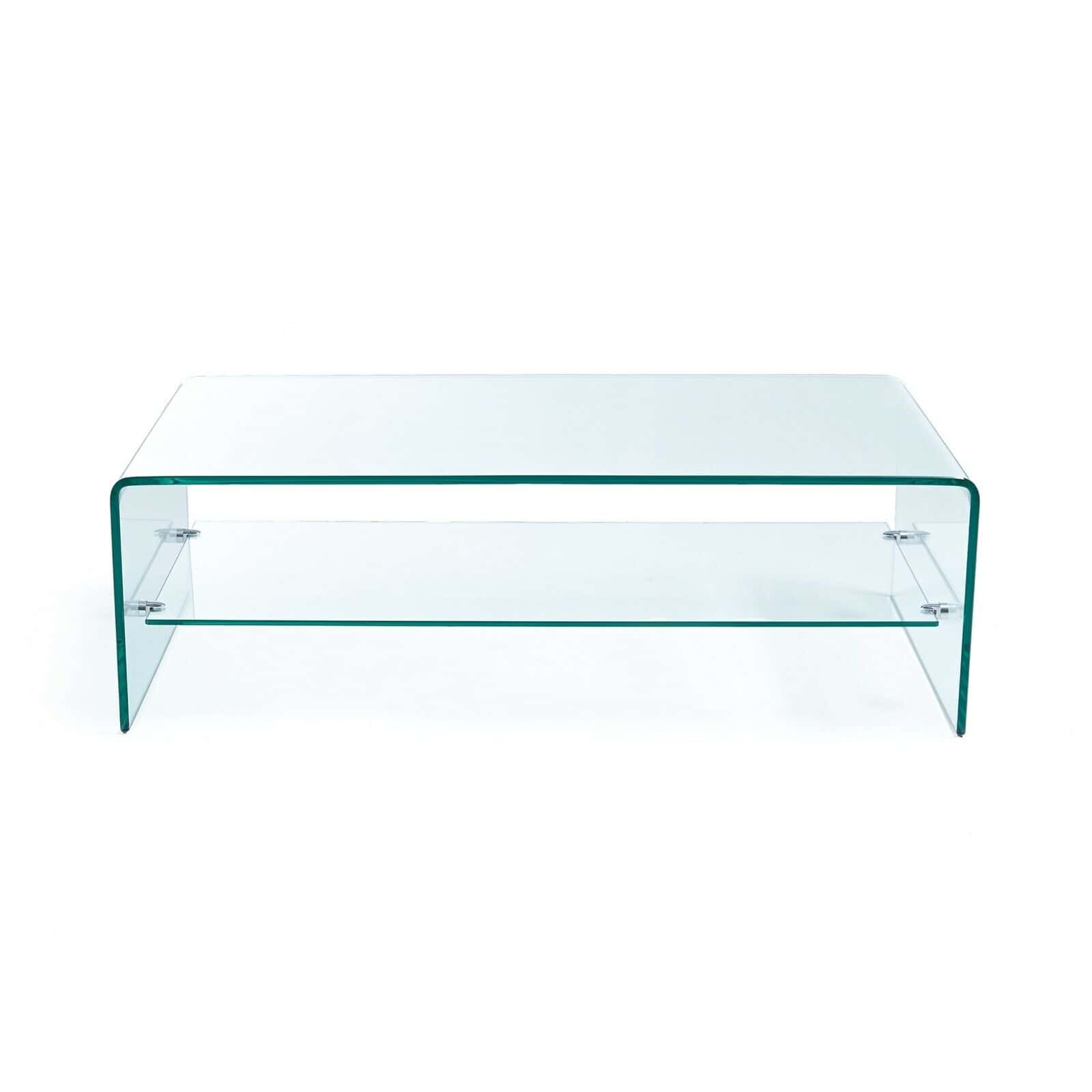 A glass coffee table on a white background.