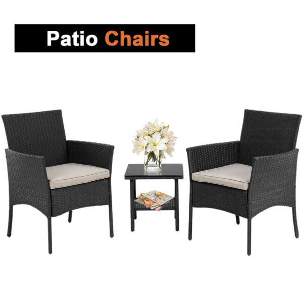 Wicker patio furniture set with table and chairs.