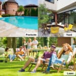 A group of people sitting in lawn chairs in front of a pool.