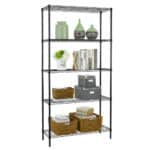 Five-tier metal storage shelf with various items including books, decorative vases, storage boxes, and wicker baskets.