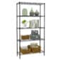 Five-tier metal storage shelf with various items including books, decorative vases, storage boxes, and wicker baskets.