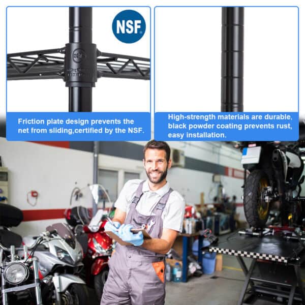 A mechanic in a workshop with promotional information about a durable, nsf-certified friction plate design on a post.