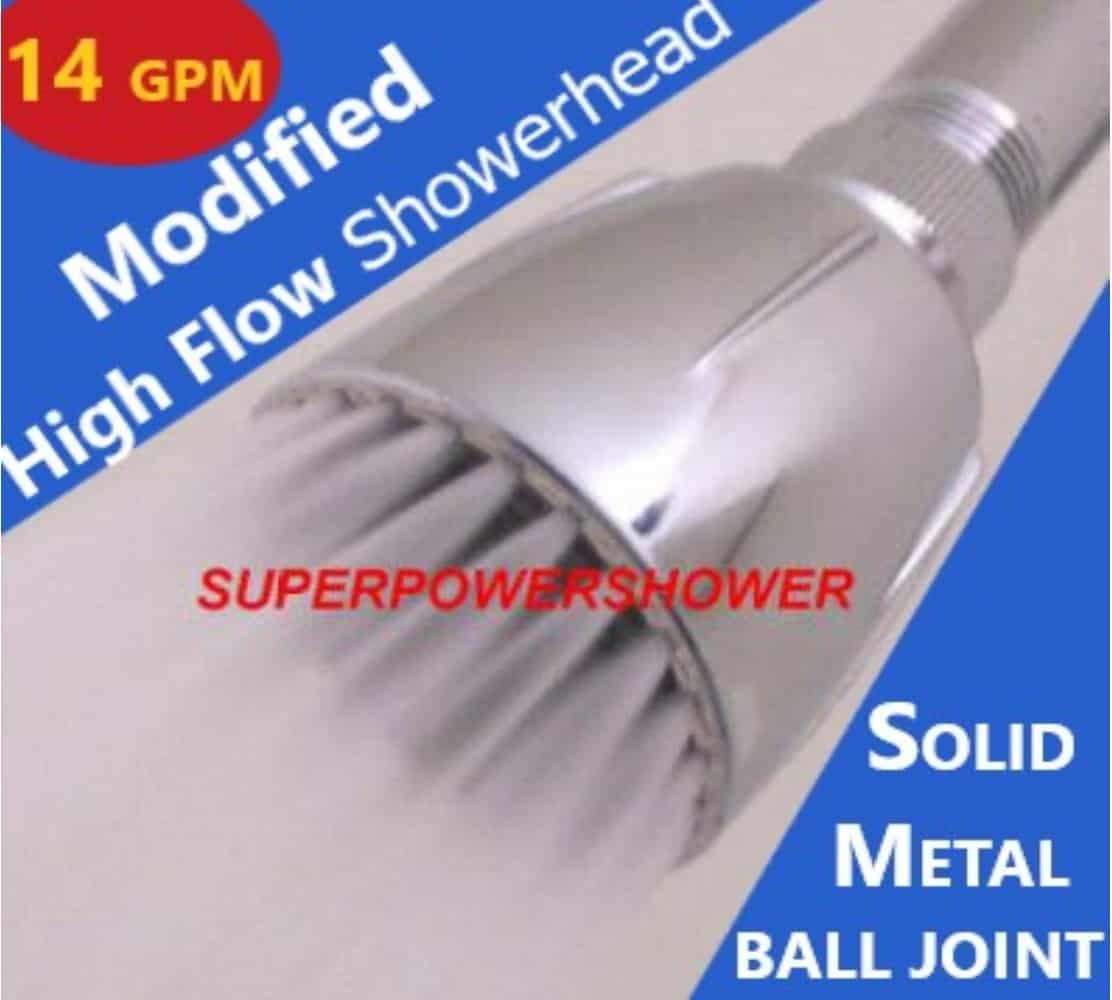 A shower head with the words’modified head high flow shower head superflow solid metal ball joint china mainland.