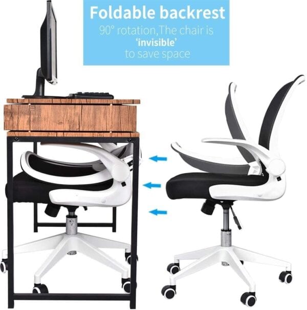 Ergonomic office chair with foldable backrest designed for space-saving under-desk storage.