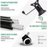 Exploded view of office chair components highlighting explosion-proof machinery, certification logos, and the features of a nitrogen gas lift and silent wheels.