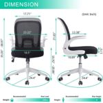 Ergonomic office chair with mesh backrest and dimensions labeled in inches, highlighting seat width, backrest height, armrest height, and base diameter with recommended weight and height limits.