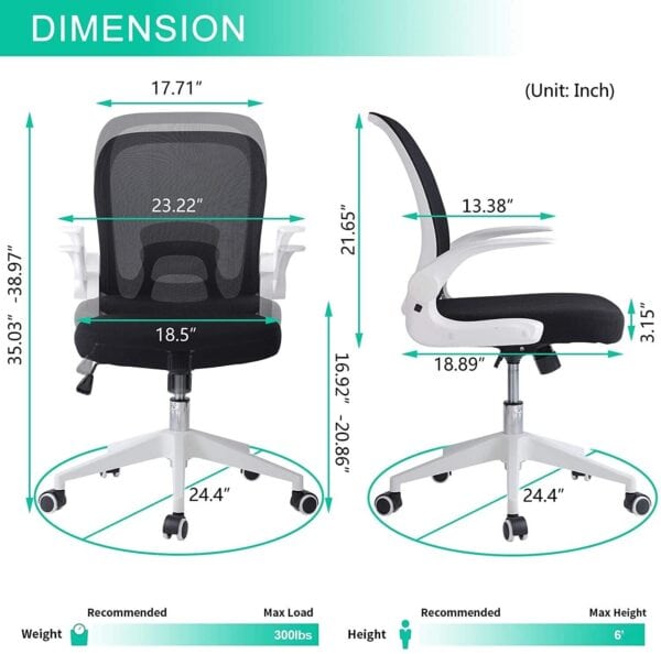 Ergonomic office chair with mesh backrest and dimensions labeled in inches, highlighting seat width, backrest height, armrest height, and base diameter with recommended weight and height limits.