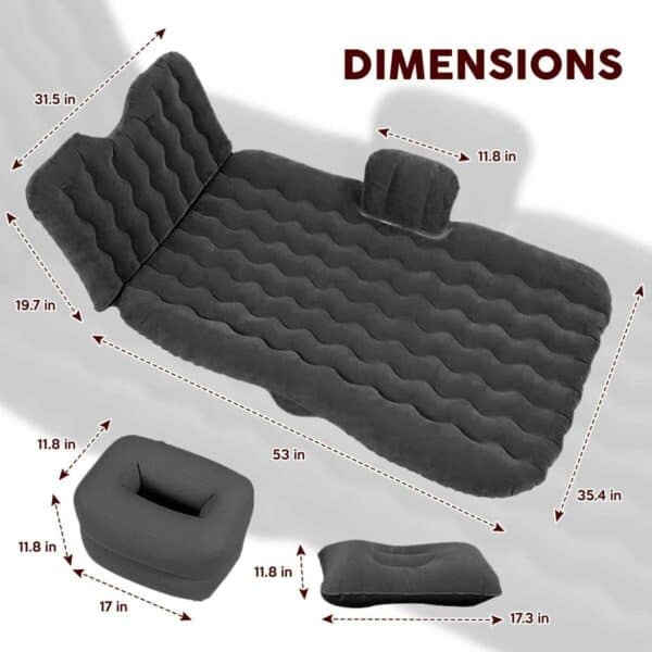 Inflatable car air mattress with measurements displayed for each section.