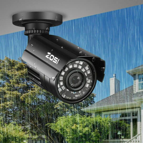 Outdoor security camera operating in the rain.