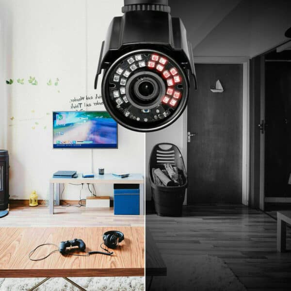 An oversized surveillance camera dominating a monochrome living room with color accents, depicting privacy invasion in a domestic setting.