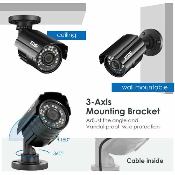 Security camera models with 3-axis mounting bracket for ceiling and wall installation, featuring adjustable angles and cable protection.