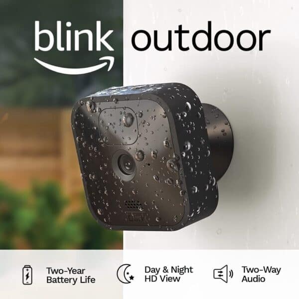 A weather-resistant blink outdoor security camera with two-way audio and day & night hd view features, highlighting its two-year battery life.