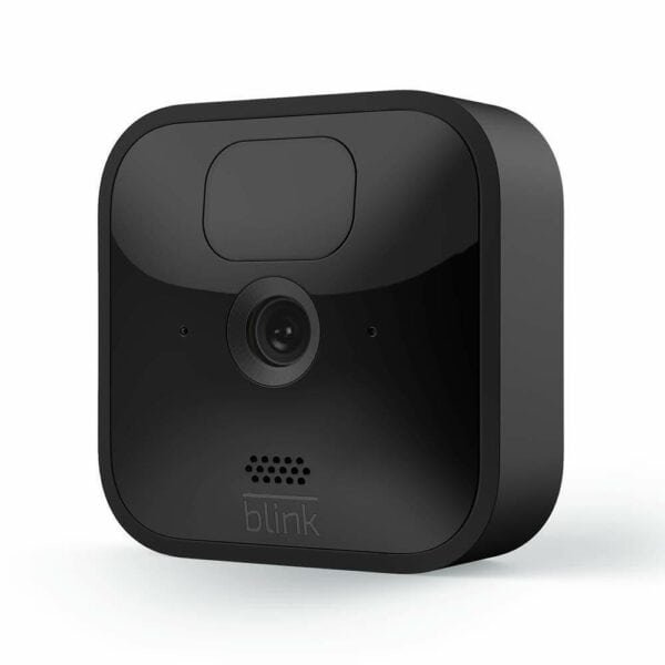 Compact black blink security camera on a white background.