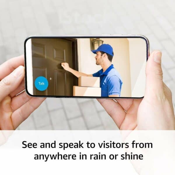 Smartphone displaying a delivery person at the door through a video doorbell app with the caption "see and speak to visitors from anywhere in rain or shine.