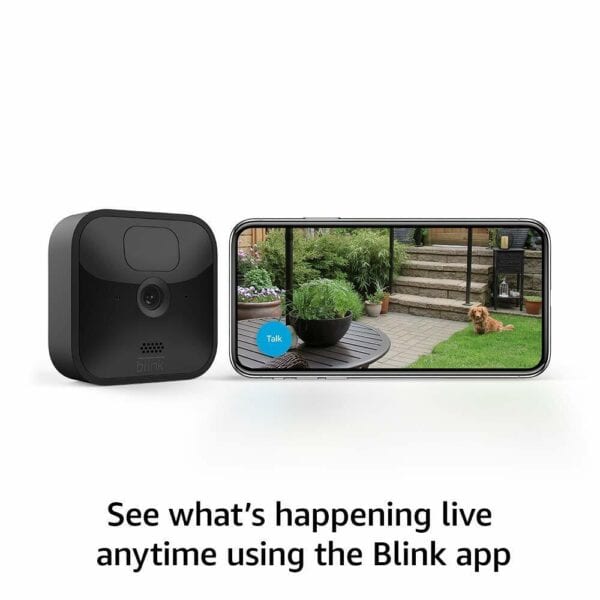 A security camera and a smartphone showing a live feed of a backyard with a dog, promoting the capability to monitor the scene using the blink app.