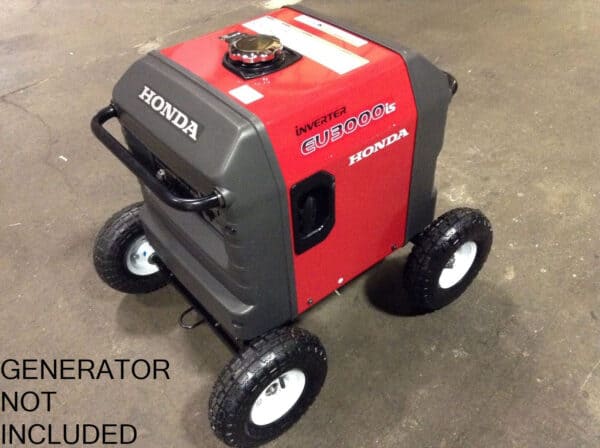 A portable honda generator on a four-wheeled cart with a sign stating "generator not included.