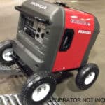 A honda eu3000is generator mounted on a custom wheeled frame for enhanced mobility with the text "generator not included" at the bottom.