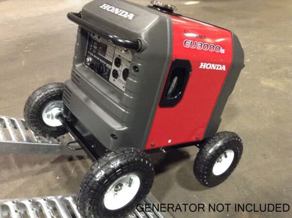 A honda eu3000is generator mounted on a custom wheeled frame for enhanced mobility with the text "generator not included" at the bottom.